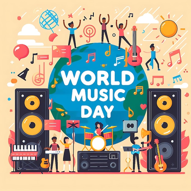 Вектор плаката Всемирного дня музыки с людьми вокруг него
