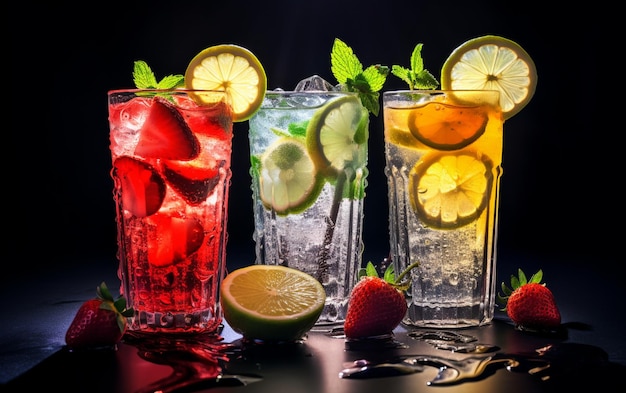 Foto verse cocktails met ijs, citroen, limoen en fruit.