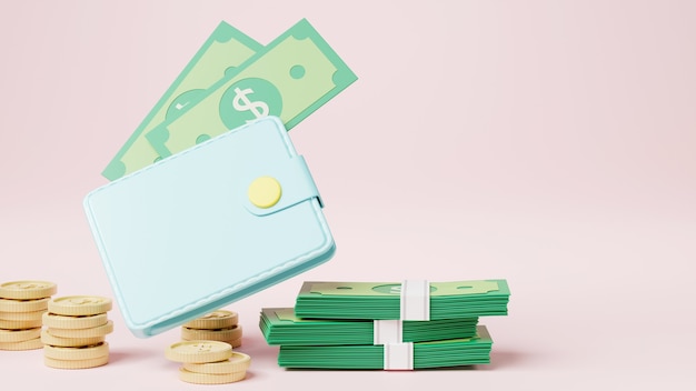 Кошелек с монетами и банкнотами доллар Деньги онлайн-оплата экономия 3D-рендеринга