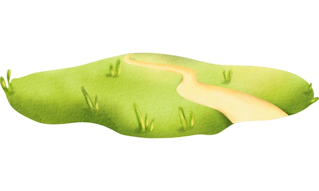 Photo watercolor cartoon composition a green spring or summer lawn with a sandy path in the distance