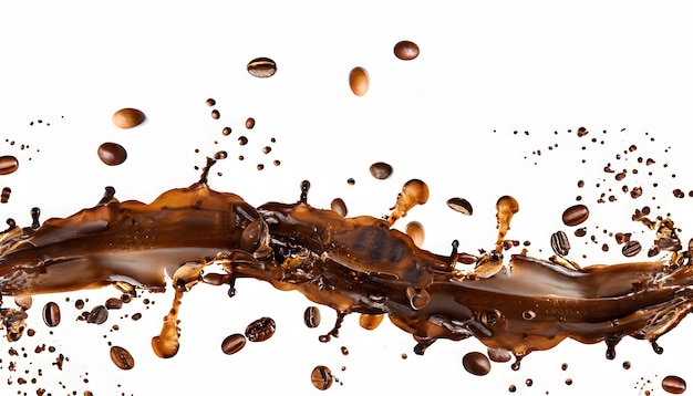 Фото Волна брызгающего кофе с кофейными зернами на белом фоне