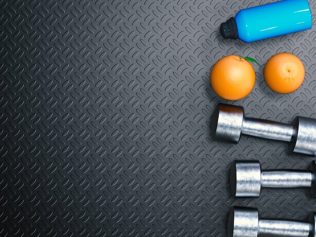 Фото Концепция веса и диеты с металлическими гантелями и апельсином