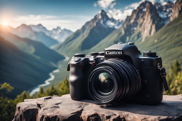 Wereldfotografie dag camera met berglandschap achtergrond