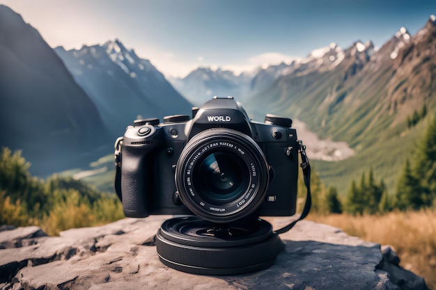Wereldfotografie dag camera met berglandschap achtergrond