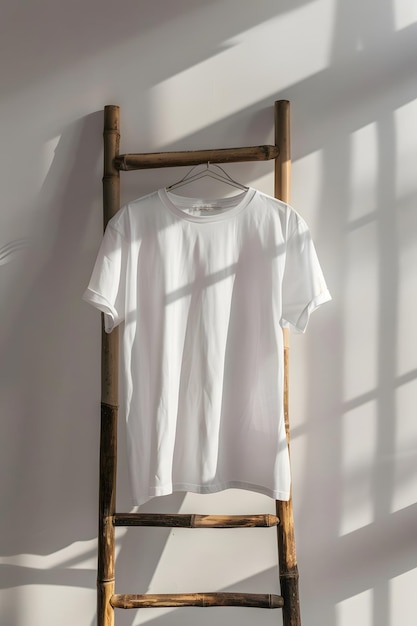 Photo a white t - shirt hangs on a ladder with a white t - shirt hanging on it