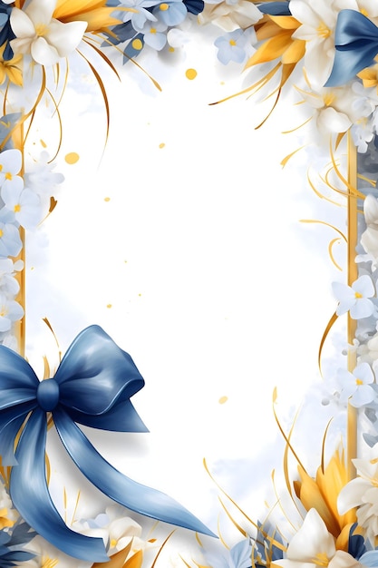 Фото Белое пустое место для вашего собственного содержимого вокруг украшений белых синих и золотых цветов и луков с конфетами