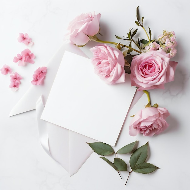 Белый конверт с розовыми розами и белая карточка с розовым конвертом.