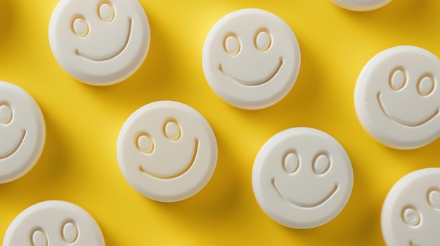 写真 黄色い背景の白い幸せな顔の剤 剤はグリッドのパターンで配置されています