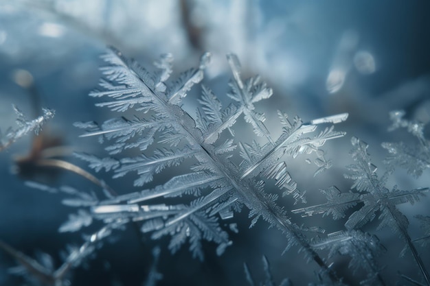Фото Зимняя сцена с нежными снежинками и морозным крупным планом