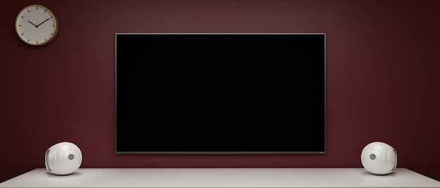 Широкий телевизор с черным экраном на стильной стене и динамиками в 3D-рендеринге домашнего кинотеатра