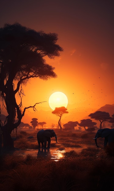 Photo wildlife safari silhouettes savanna sunset with animals generative ai
