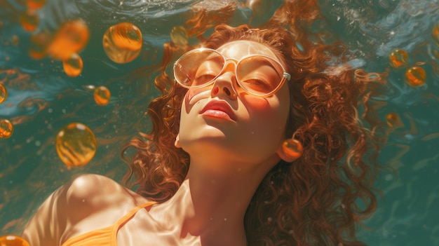Женщина в очках плавает в воде со словом «любовь» на дне.