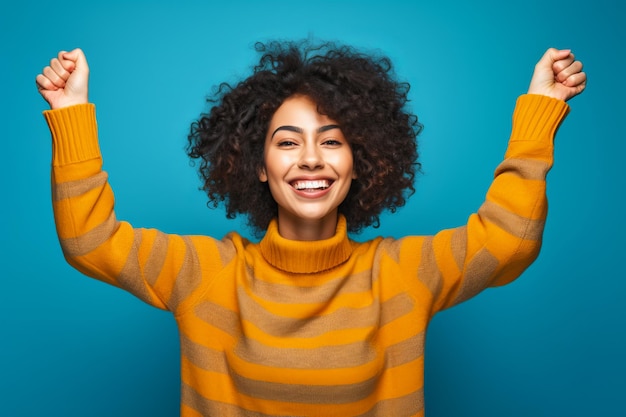 Photo woman with curly hair is smiling and raising her arms in the air generative ai
