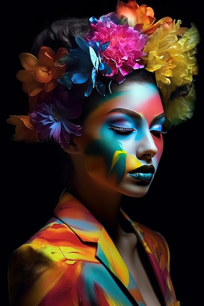 Женщина с красочным лицом, нарисованным цветами.