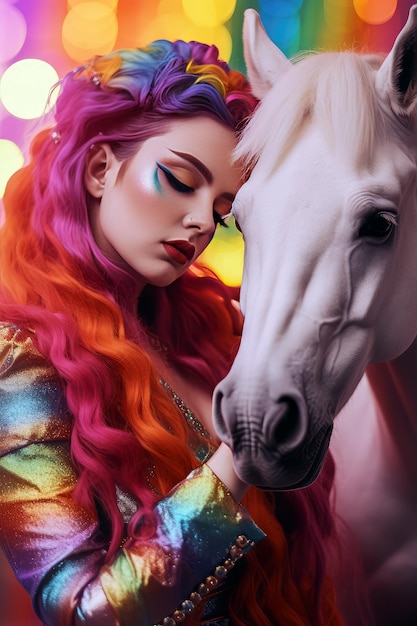 Женщина с красочными волосами и белая лошадь