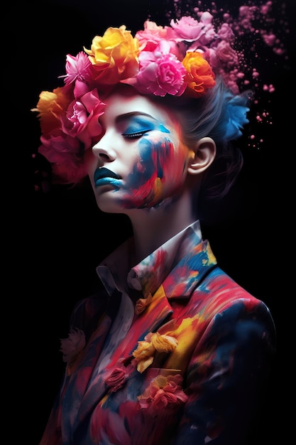 Женщина с цветами на лице вся в краске.