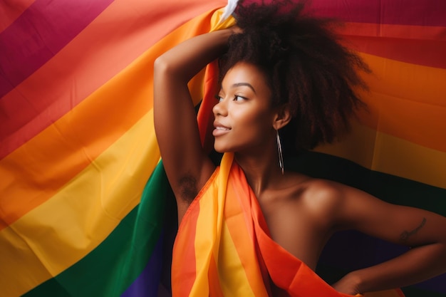 A woman with a rainbow flag on her head