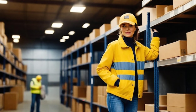 Photo a woman in a yellow jacket with blue stripes on it stands in a warehouse