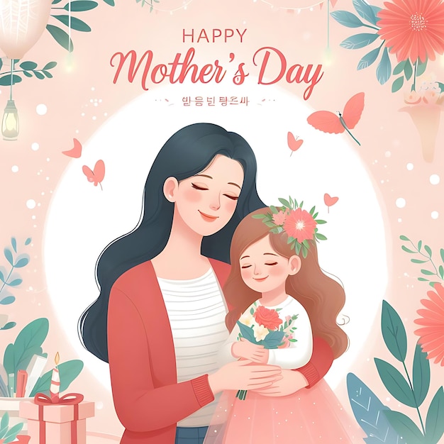 женщина и ребенок держат цветы и открытку с надписью "Счастливого дня матери"