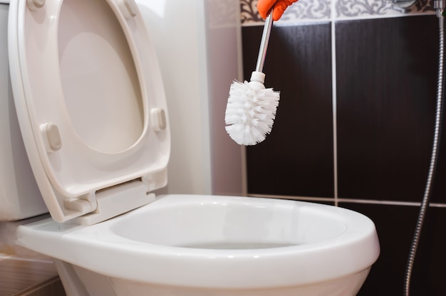Photo a woman cleans a bathroom toilet with a scrub brush.
