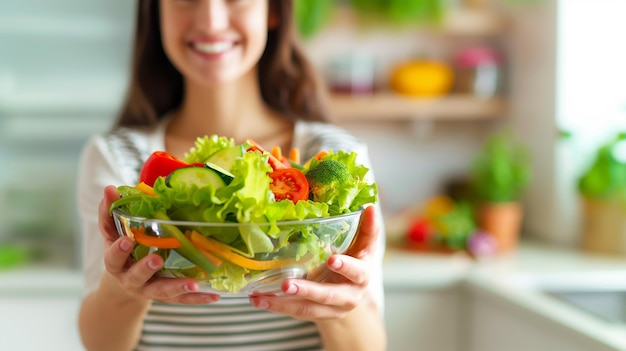 Photo woman holding a bowl of healthy vegetable salad in kitchen food concept