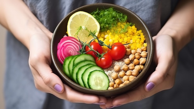 Photo woman holding bowl with fresh vegetables and chickpeas closeup