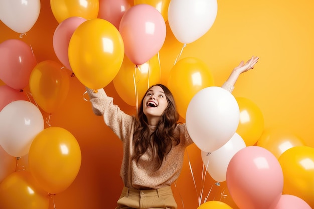 Фото Женщина смеется с воздушными шарами на оранжевом фоне