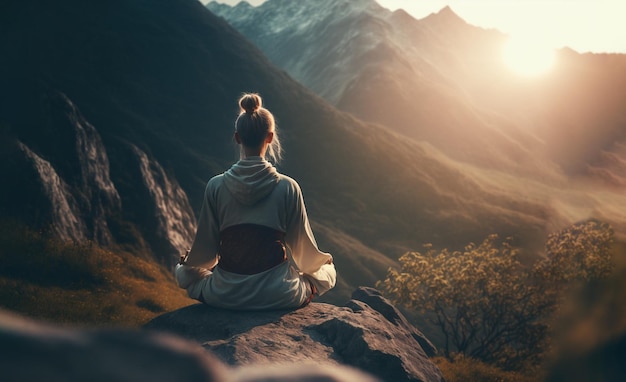 Сбалансированный образ жизни женщины, практикующий медитацию и йогу дзен-энергии