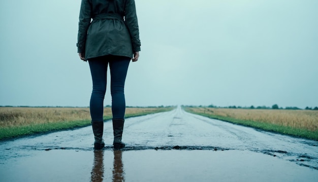 Photo a woman in a raincoat walks along a dirty wet asphalt road autumn bad weather back view
