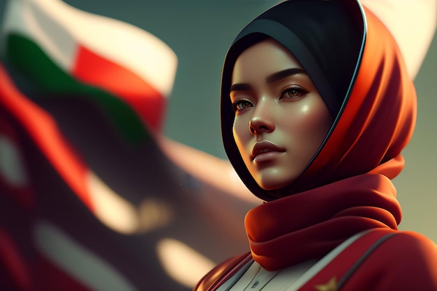 Женщина в красном хиджабе и красном шарфе стоит перед флагом