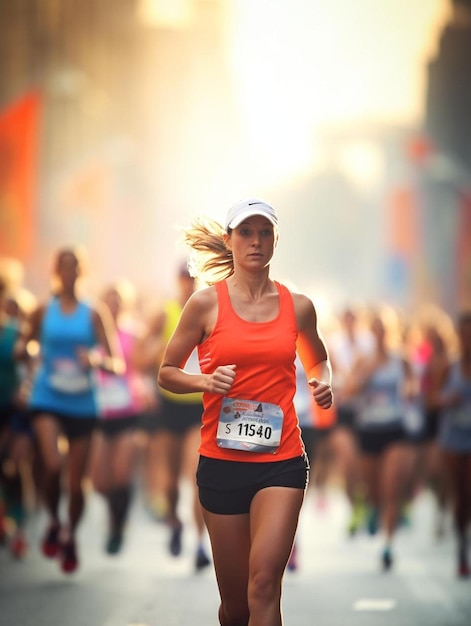 Photo a woman running in a marathon wearing a hat