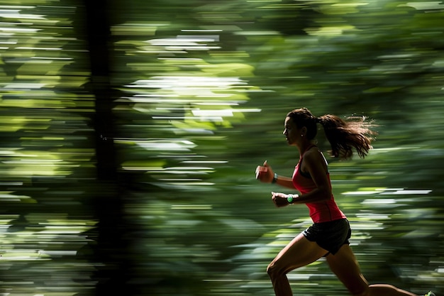 Photo woman seen jogging through forest park