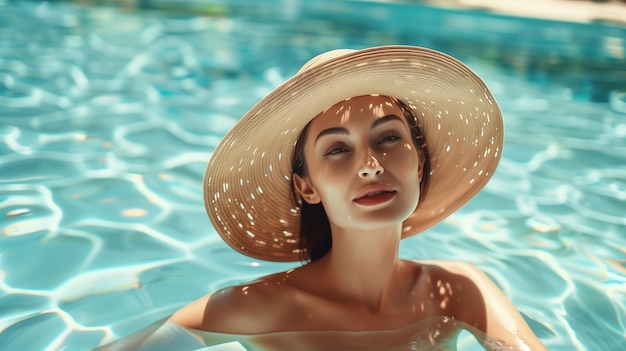A woman swims in the pool enjoying the suns rays on on the face of a beautiful girl a hot day