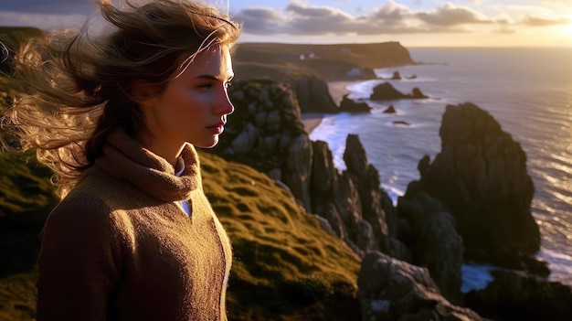 Женщина стоит на скале с видом на океан в Корнуолле.