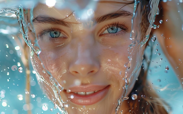 Фото Женское лицо покрыто брызгой воды вблизи
