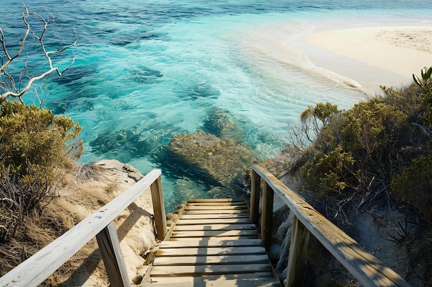 Photo wooden stairs leading to sandy beach with turquoise water and white sand australia