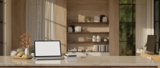 Рабочее место с макетом белого экрана ноутбука на столе в современной гостиной