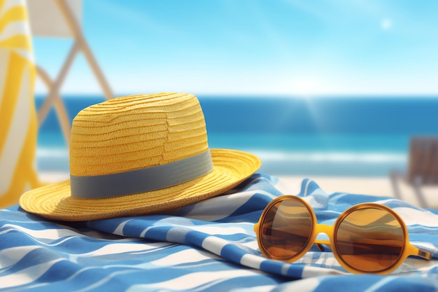 Желтая шляпа и солнцезащитные очки на пляжном полотенце.