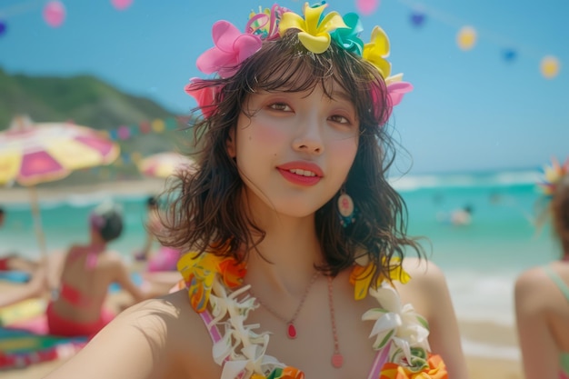 사진 꽃의 머리로 은 해변 날을 즐기는 젊은 여성 활기찬 여름 의상 열대 휴가