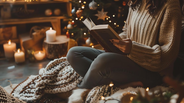 Молодая женщина сидит на полу перед рождественской елкой в уютном свитере и джинсах.