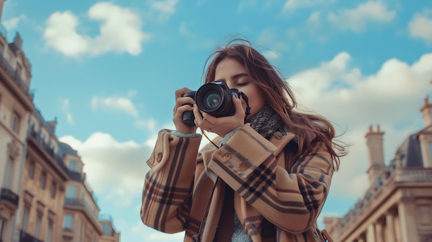 Фото Молодая фотограф с длинными коричневыми волосами в коричневом пальто фотографирует в городе своей камерой