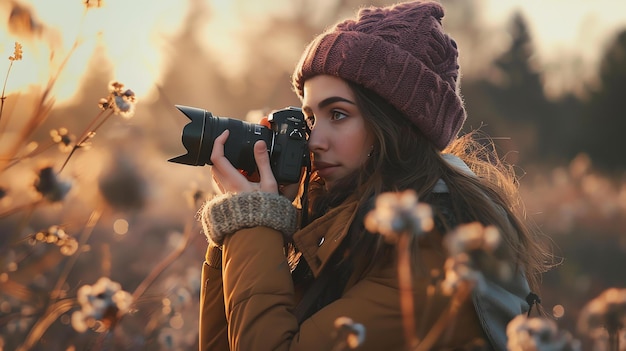 Фото Молодая фотографка фотографирует в поле цветов на закате. она носит коричневую куртку и фиолетовую шапку.
