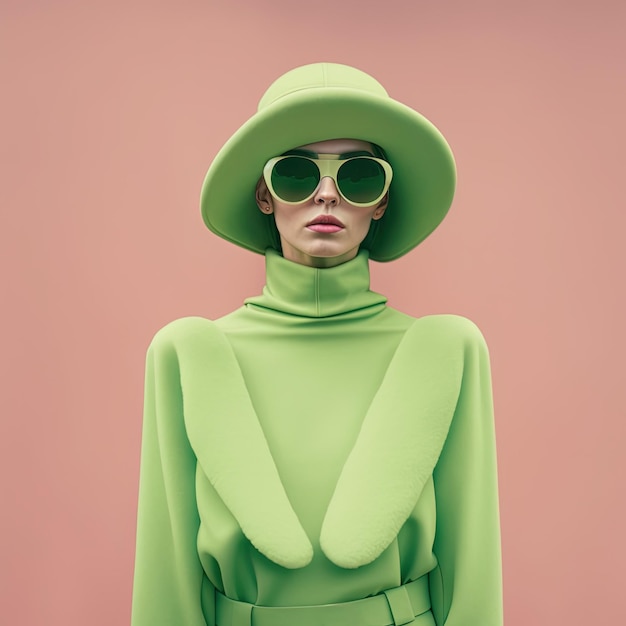 Фото Портрет молодой женщины в зеленой модной одежде пастельные тона generative ai