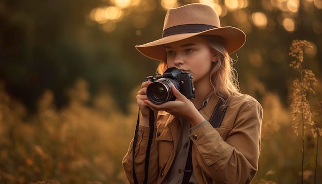 Фото Молодая взрослая белая женщина фотографирует на открытом воздухе в лесу с помощью камеры, созданной искусственным интеллектом