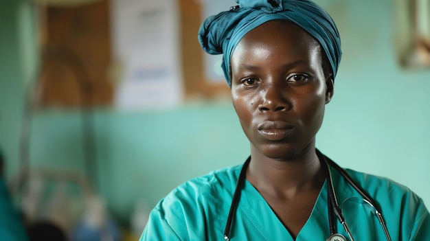 A young African female doctor wearing a blue headscarf and green scrubs looks at the camera seriously