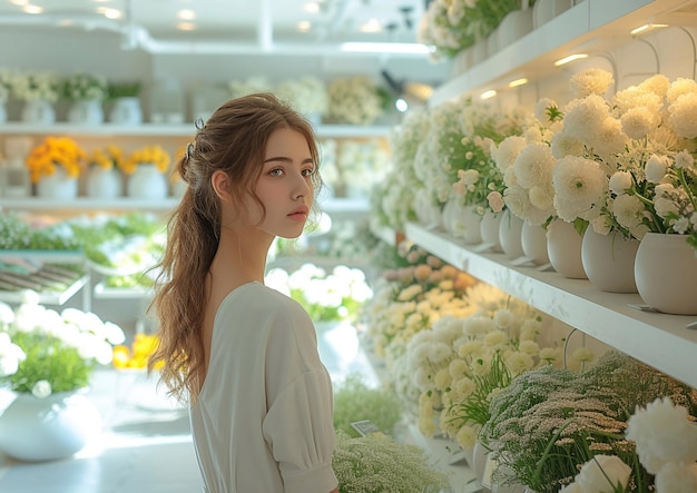 Молодая красивая цветочница в белом платье и стоит в современном цветочном магазине с цветами