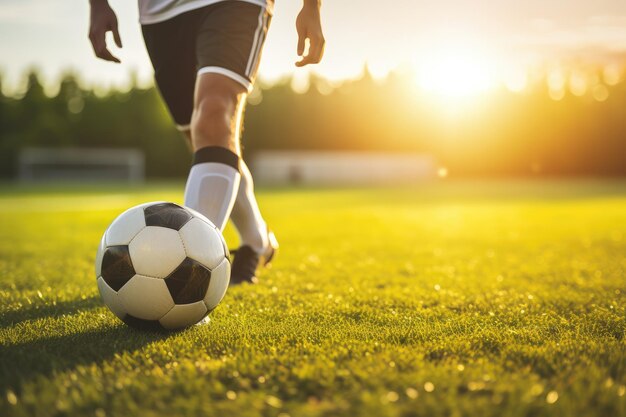 Foto il giovane calciatore gioca con la palla sportiva sul moderno campo da calcio durante il tramonto ai generativa