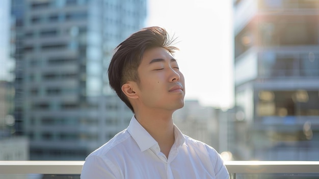 Photo young handsome asian businessman thinking and looking away at the city outdoors