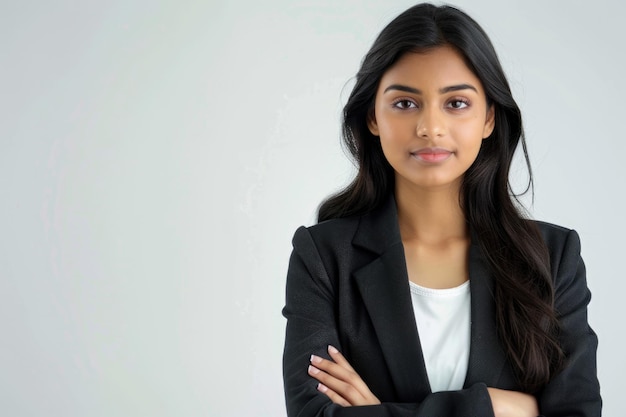 Молодая индийская бизнесменка стоит на белом фоне