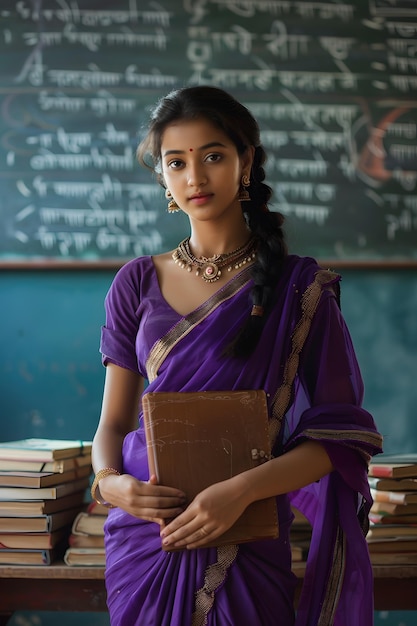 Young indian woman standing with books in front of a blackboard